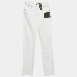 Pre Owned Louis Vuitton White Leather Applique Monogram Denim Jeans S Waist 25"