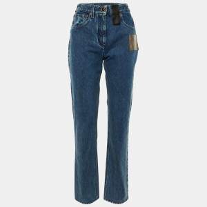 Pre Owned Louis Vuitton Blue Denim Monogram Patch Straight Fit Jeans M/Waist 29"