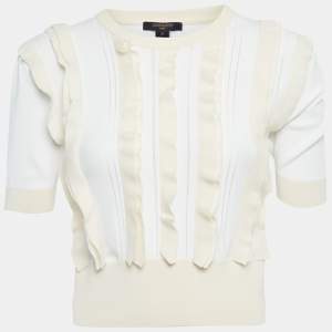Pre Owned Louis Vuitton White /Cream Knit Ruffled Top XS