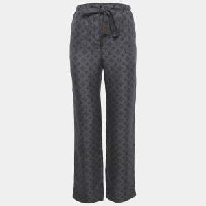 Pre Owned Louis Vuitton Navy Blue Logo Printed Silk Pants S