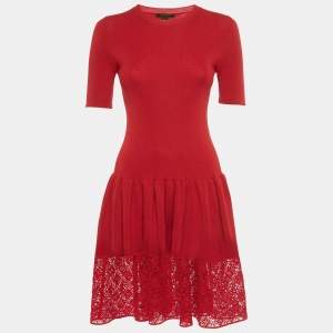 Pre Owned Louis Vuitton Red Wool Lace Trim Mini Dress M