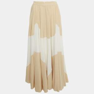 Pre Owned Louis Vuitton Beige /White Abstract Print Silk Pleated Maxi Skirt S