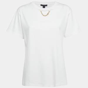 مملوكة مسبقًا تي شيرت لوي فيتون قطن أبيض بتفاصيل سلسلة مقاس كبير (لارج)