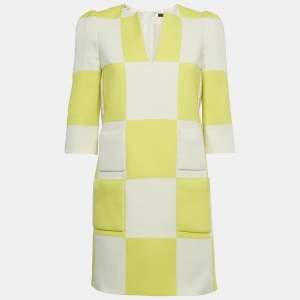 Pre Owned Louis Vuitton White /Yellow Checkered Print Crepe Shift Mini Dress S 