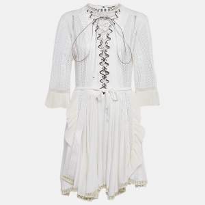 Pre Owned Louis Vuitton White Silk & Leather Trim Perforated Mini Dress M