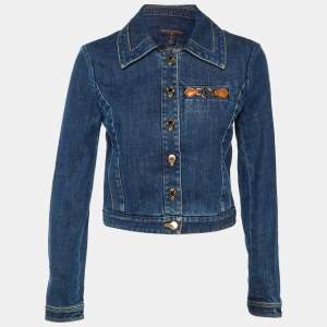 مملوكة مسبقًا Louis Vuitton Navy Blue Denim Logo Detail Cropped Jacket S