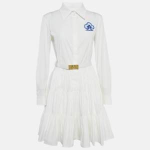Pre Owned Louis Vuitton White Clove Applique Poplin Tiered Short Dress M