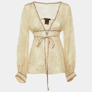 Pre Owned بلوزة لوي فيتون حرير شفاف مطبوع نقش بيزلي بيج فينتاج مقاس وسط (ميديم)