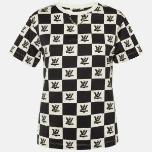 Pre Owned Louis Vuitton Black/White Checkered Twist Lock Cotton Crew Neck T-Shirt M
