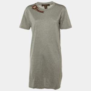 Pre Owned Louis Vuitton Grey Logo Patch Embellished Detail Cotton T-Shirt XL