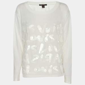 مملوكة مسبقًا Louis Vuitton Cream Jersey Sequins Logo Top S 