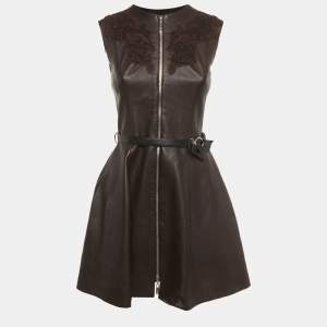 مملوكة مسبقًا Louis Vuitton Brown Leather Belted Lace Detail Mini Dress S 