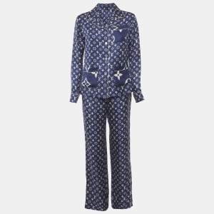 مملوكة مسبقًا Louis Vuitton Navy Blue Monogram Silk Button Up Shirt & Pants Suit S/M