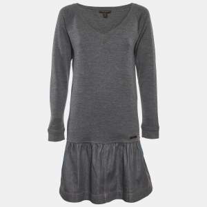 Pre Owned Louis Vuitton Grey Wool Knit and Cotton Pleated Short Dress M