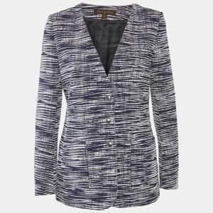 مملوكة مسبقًا جاكت لوي فيتون أزرار أمامية منقوش أبيض-كحلي مقاس كبير