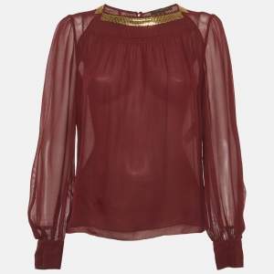 Pre Owned Louis Vuitton Burgundy Sheer Silk Gold Embellished Blouse M