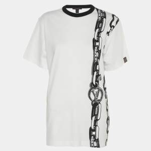 Pre Owned Louis Vuitton White Jersey Chain Print Crew Neck Half Sleeve T-Shirt S