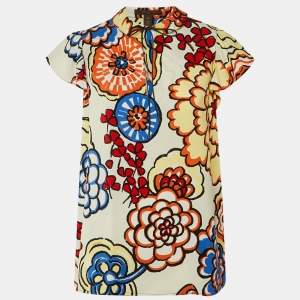 Pre Owned Louis Vuitton Off White Floral Printed Crepe Top L