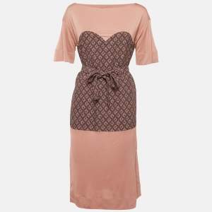 مملوكة مسبقًا فساتين لويس فيتون متوسطة الطول بنقشة وردي/كحلي بحزام مقاس صغير - سمول