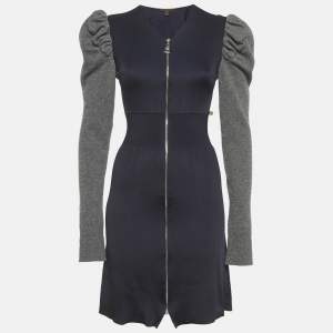 Pre Owned Louis Vuitton Navy Blue/Grey Knit Zip-Up Mini Dress XS
