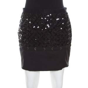 Louis Vuitton Black Sequin Grid Embellished Eyelet Lace Paneled Mini Skirt S