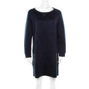 Louis Vuitton Navy Blue Knit Leather Pocket Trim Detail Long Sleeve Dress L