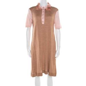 Louis Vuitton Beige Silk Knit Floral and Bead Applique Polo T-Shirt Dress L