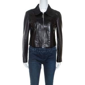 Louis Vuitton Black Leather Cropped Zip Front Jacket M