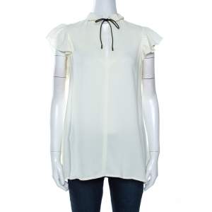 Louis Vuitton Off White Crepe Keyhole Neck Tie Detail Top M