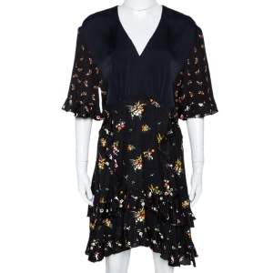 Louis Vuitton Black Floral Print Crepe Ruffled Dress M