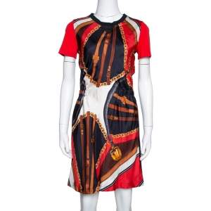 Louis Vuitton Black & Red Chain Link Print Silk Crew Neck Dress XS