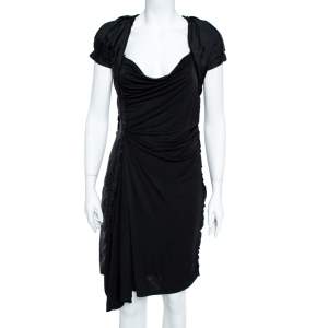 Louis Vuitton Black Jersey Ruffle Trim Ruched Dress M