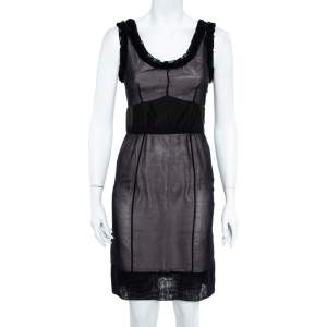 Louis Vuitton Black Silk Ruffle Detail Contrast Lined Sheath Dress S