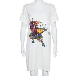 Pre Owned Louis Vuitton Cream Knit Sequin Embellished Samurai Detail T-Shirt Dress L