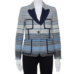Louis Vuitton Navy Blue Striped Wool Tweed Button Front Blazer M