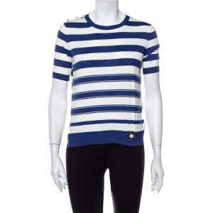 Louis Vuitton Blue & White Striped Cotton Shoulder Button Detail Top XS