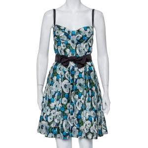 Pre Owned Louis Vuitton Blue Floral Printed Silk Belted Bustier Mini Dress M