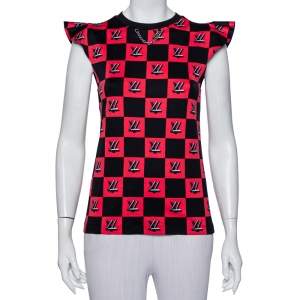 Louis Vuitton Black & Pink Logo Checkered Knit T-Shirt XS