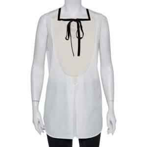 Louis Vuitton White Cotton Contrast Trim Neck Tie Detail Sleeveless Shirt L