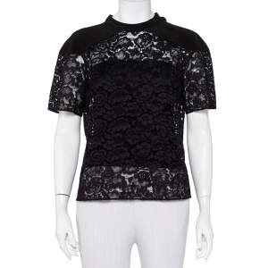 Louis Vuitton Black Lace & Silk Paneled Neck Tie Detail Top M