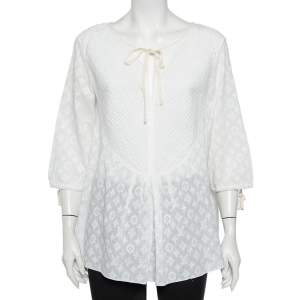 Louis Vuitton White Embroidered Cotton Paneled Neck Tie Detail Top L