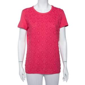 Louis Vuitton Pink Logo Embroidered Linen Applique Detail T-Shirt XL