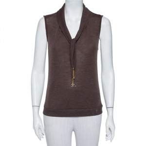 Louis Vuitton Brown Wool Neck Tie Detail Sleeveless Top L