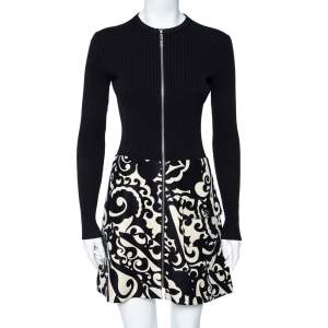 Louis Vuitton Black Rib Knit & Printed Wool Zip Front Mini Dress S
