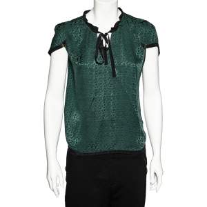 Louis Vuitton Green Logo Print Silk Tie Neck Blouse M