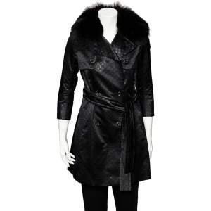 Pre Owned Louis Vuitton Black Logo Monogram Lurex Silk Fur Collar Belted Trench Coat S