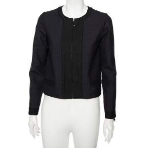 Louis Vuitton Navy Blue Checkered Wool Contrast Trim Zip Front Collarless Jacket M