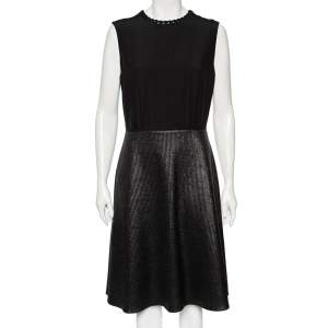 Louis Vuitton Black Metallic Coated Knit & Leather Trimmed Sleeveless Dress L