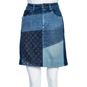 Louis Vuitton Indigo Colorblock Denim Monogrammed Patchwork Skirt M