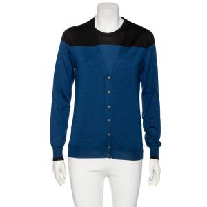 Louis Vuitton Blue-Black Paneled Silk Wool and Cashmere Top & Cardigan Set M